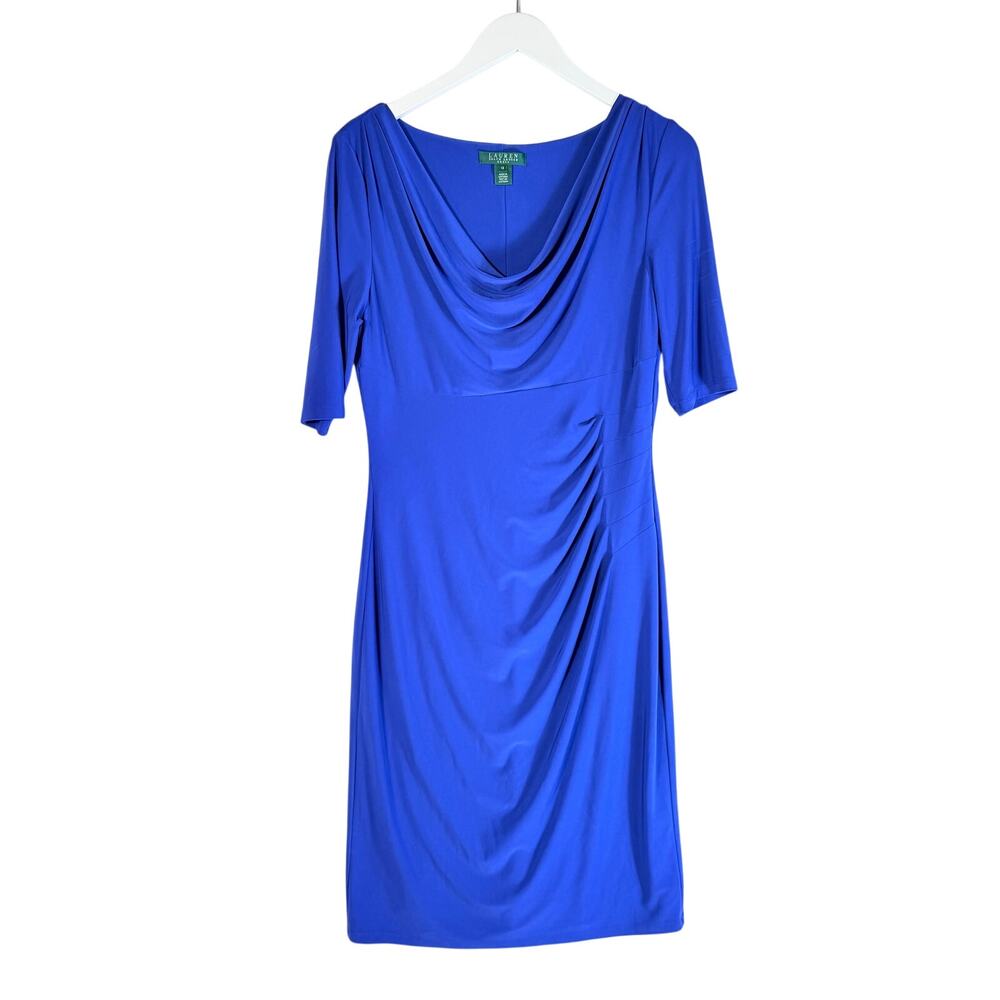 Ralph Lauren Ruched Sheath Dress with Cowl Neck Size 12 Cobalt Blue